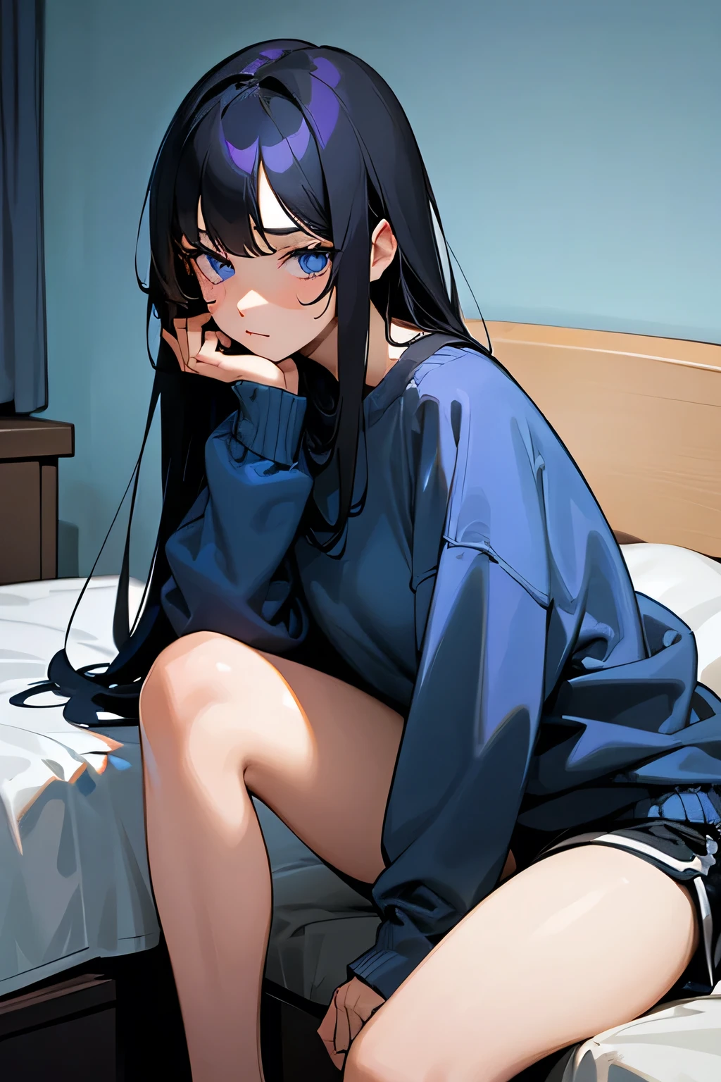 Woman, black hair, long hair, blue and violet highlights, bangs, blue eyes very detailed, squinting eyes, grey oversized sweatshirt, black shorts. Sitting on a bed, a simple room in the background, looking at her cell phone.