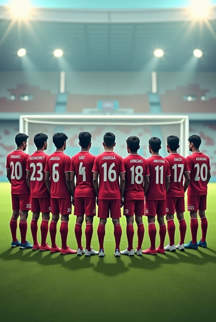 Create a photo of a soccer team with 16 players on it from shirt number 1-16 with names Amish Aayush boom Jiban Dipak dipesh Jyoti abishek Nikesh Prashant Prabhu sashanka keshab matrika Milan suyog . They must be facing backwards and shirt name and number should be visible