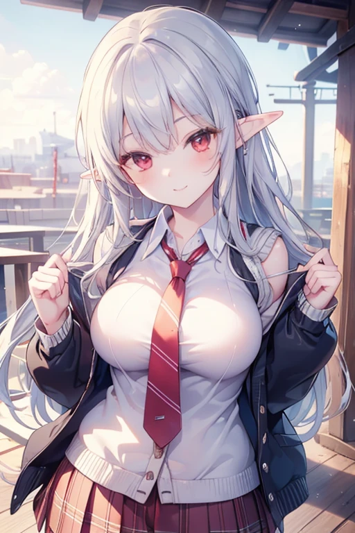 (best quality, masterpiece, ultra-detailed, perfect pixels), (UHD, RTX, 4k wallpaper, japanese anime, CG smooth, textured skin, realistic texture, natural light), 1girl, rio, elf,seductive, busty, perfect body, bangs, long hair,silver hair (close-up, pov, dynamic pose), ,red eyes,sly smile, beautiful smile, nipslip, medium breasts, blush, (school uniform, jacket, necktie, cardigan, plaid skirt), outdoor, amusement park, leaning forward