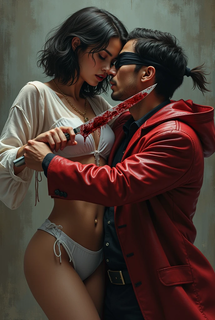 Realistic, A beautiful hero girl knife, cut throat A boy blindfold neck bloody splash, full body, wide open throat, throat contents