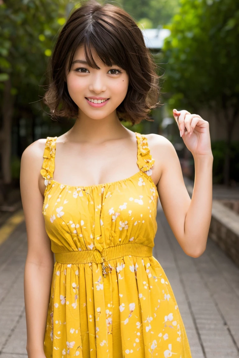 A young beauty, no more than 2, with short curly brown hair and bright brown eyes, poses smiling directly at the viewer. Her small frame is adorned in a vibrant yellow dress with a playful flower print. Pixel art style.