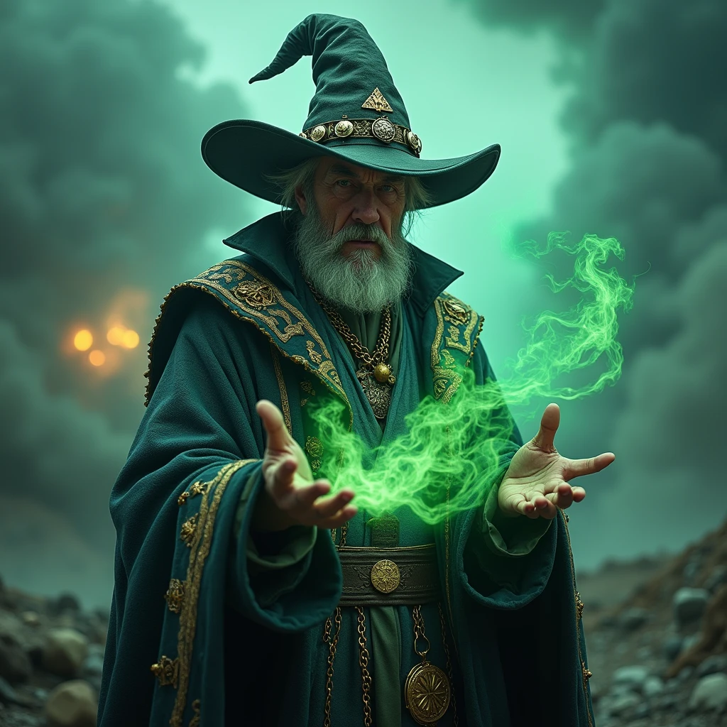 A realistic, ultra-detailed photograph of a crazy middle-age male indi sorcerer with his dress and hat. flask this hands with smoke, devastated land, clouds of green poison, blue smoke. The name “TOXIC-ARMADA” is prominently displayed in horrors letters behind him.