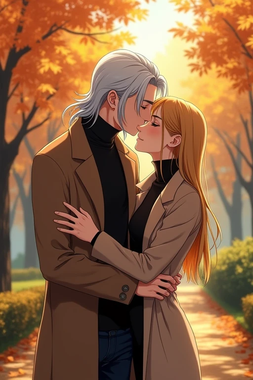 I would like to get an image of an anime-style couple consisting of an adult man with long platinum hair below the shoulders, wearing a black turtleneck sweater, a brown cashmere coat, light jeans, kissing a young incredibly beautiful woman with long golden hair and in a tight black dress and a light brown short coat, who hugs him for the neck. Autumn Park. In full growth. beautiful drawing. a masterpiece. 