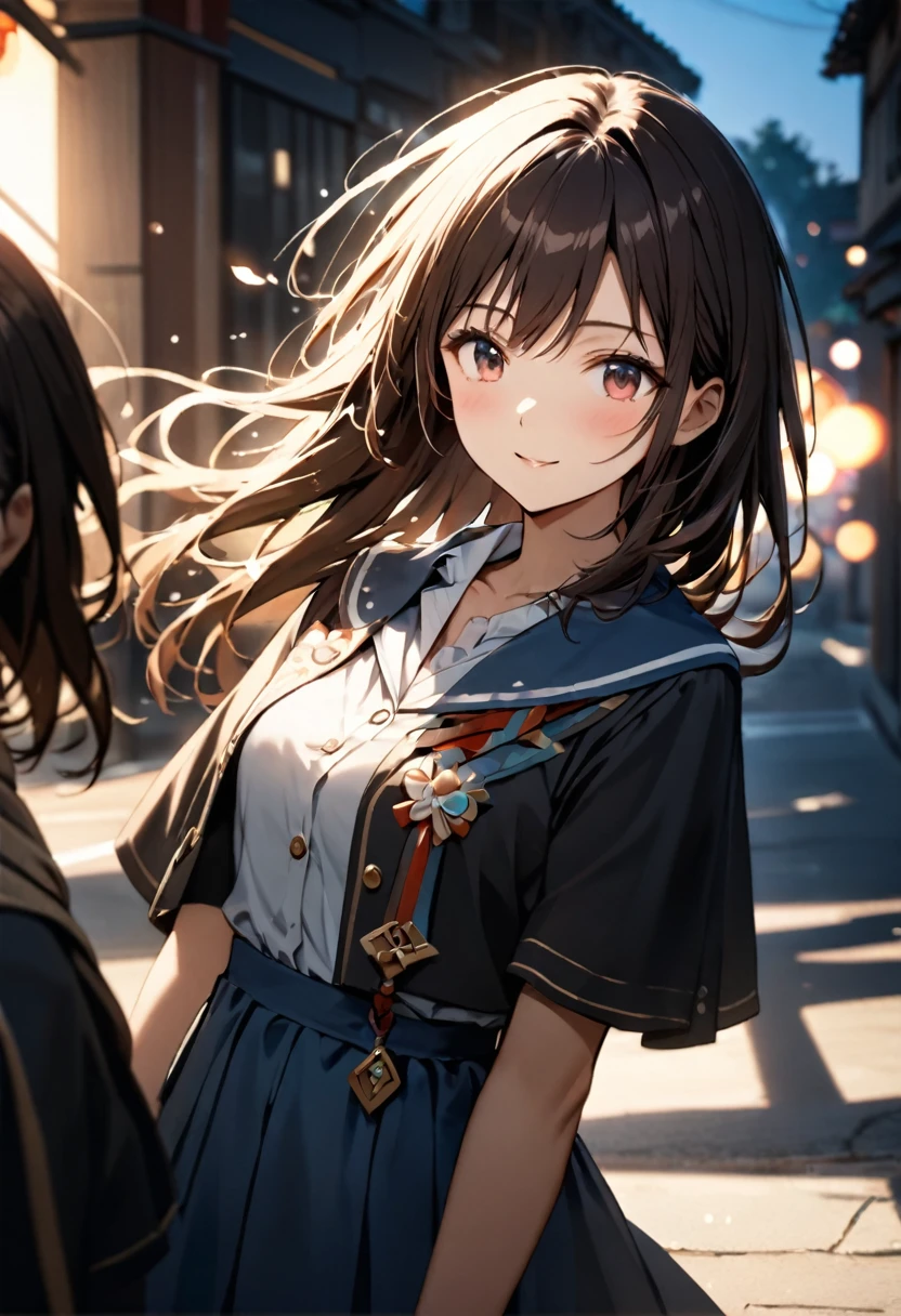 {{Highest quality}},Delicate illustration,Detailed depiction, masterpiece, Boho Eye Hinai Girl, Playful Themes, Group of 2、Two girls、女子High school student a+B(High school student a(Raw photo of a girl in uniform。Decorative details and symbols are often used。, Brown hair gently fluttering in the wind,Clear blue eyes、A gentle smile)、高校生B(Raw photo of a girl in uniform。Decorative details and symbols are often used。, Black hair gently fluttering in the wind,Clear red eyes、A gentle smile))、 Long-distance shots, High Key Light, Hard Shadows, Soft bokeh, Professional photography, A balanced deal, Balanced Exposure,