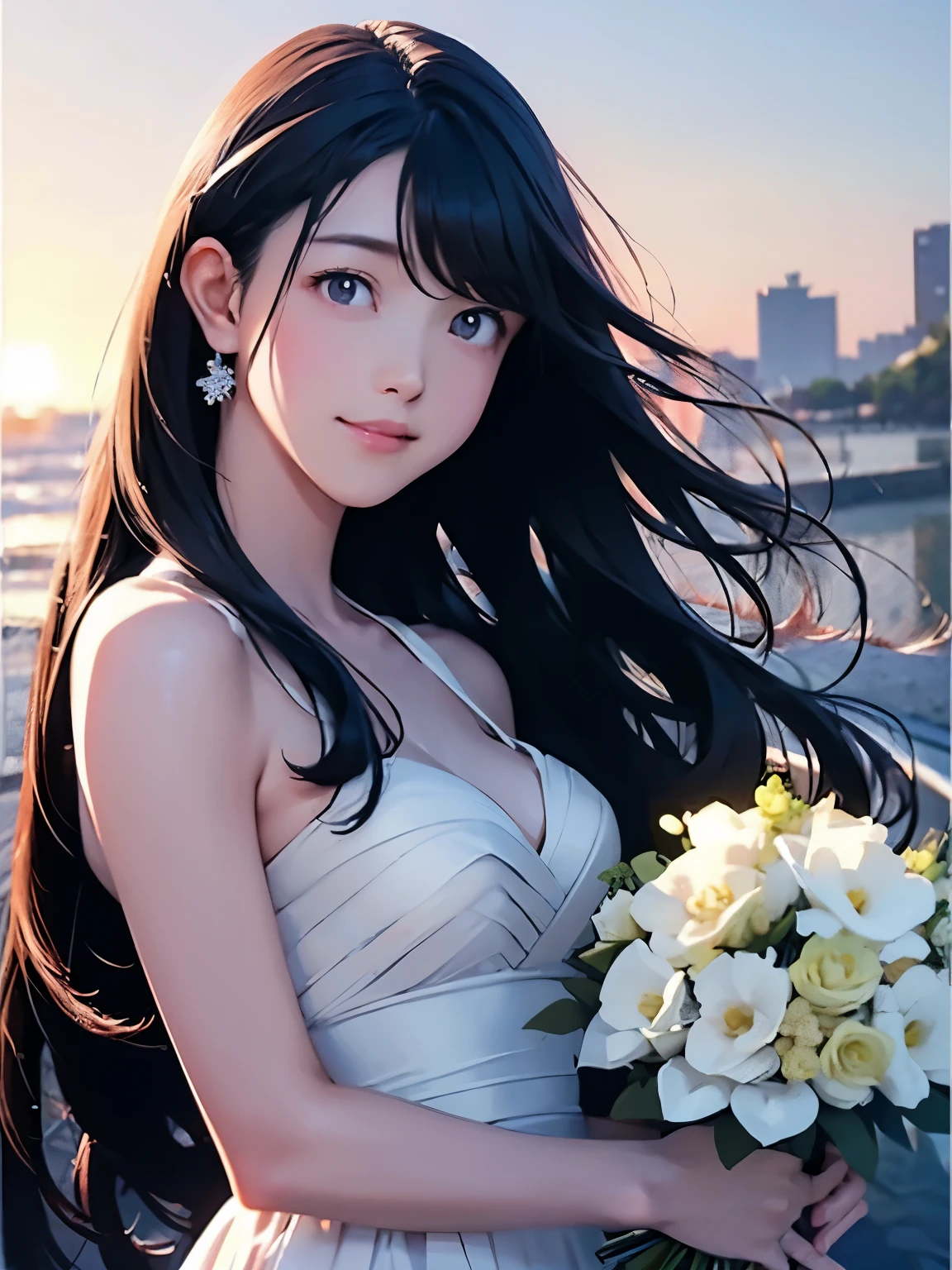 High resolution, 8k, Highest quality, detailed, Semi-realistic anime, Anime 3D Style, Smooth anime CG, One Girl, 20 year old Japanese woman, slim, Modeled, Shiny Hair, detailedな顔, Beautiful and detailed, Glowing Skin, Hard Focus、Film Grain, Soft lighting, Looking at the audience, Laughter,white、Ocean、Droopy eyes、Brown eyeballs on face、smile、Woman in prom dress、Long Hair Woman、detailedな顔、Clear Face、Mole、bouquet、(bride)