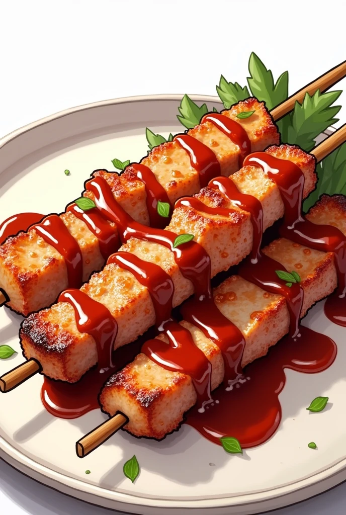 Illustration of grilled pork skewers with sauce on top. 