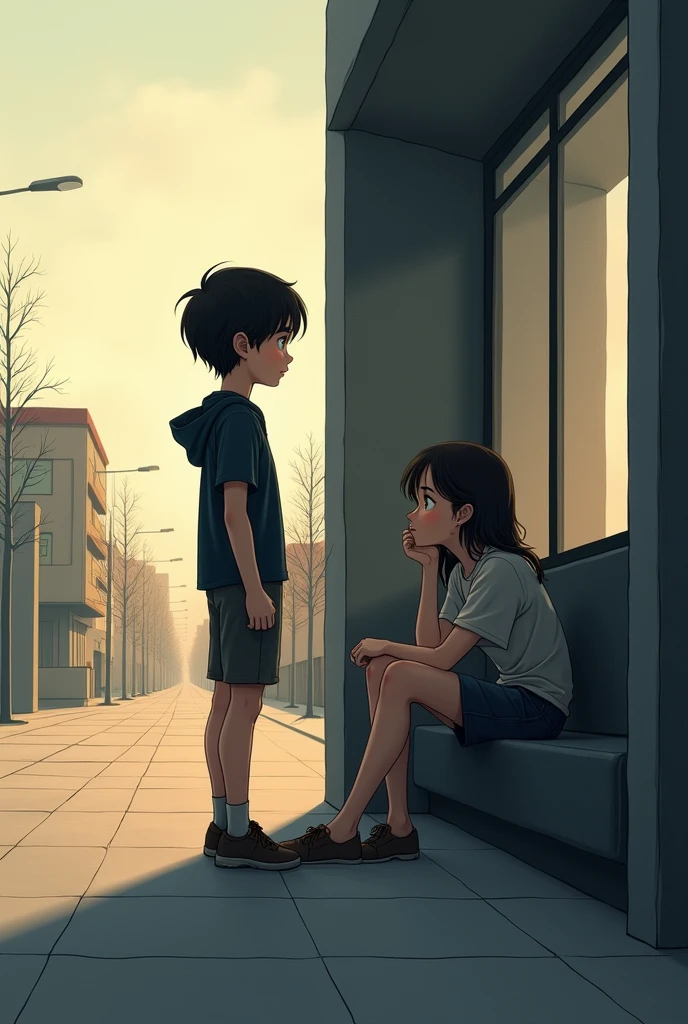 The boy in no warking crowded  and the girl in a stylish but somber apartment, staring out of the window with a pensive expression.