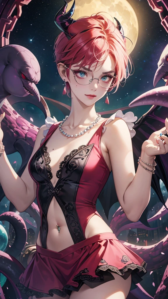 8k, masterpiece, best quality, highly detailed, 1 girl, tiefling, warlock, pixie cut, multicolored hair, very short straight hair red highlight hair on white hair, strippled hair, wearing glasses, round glasses, earrings, navel piercing, red eyeshadow, long eyelashes, blushed cheek, red lips, pearl necklace, rings, collarbone, mole on face, glamorous, teal and pink clothes, sleeveless, miniskirt, smirk, close up view, rings, looking at viewer, demon horns, solo, starry sky, pale blue moon, standing, demonic arms, chains on the background, black lace gloves, tentacles, orbs.