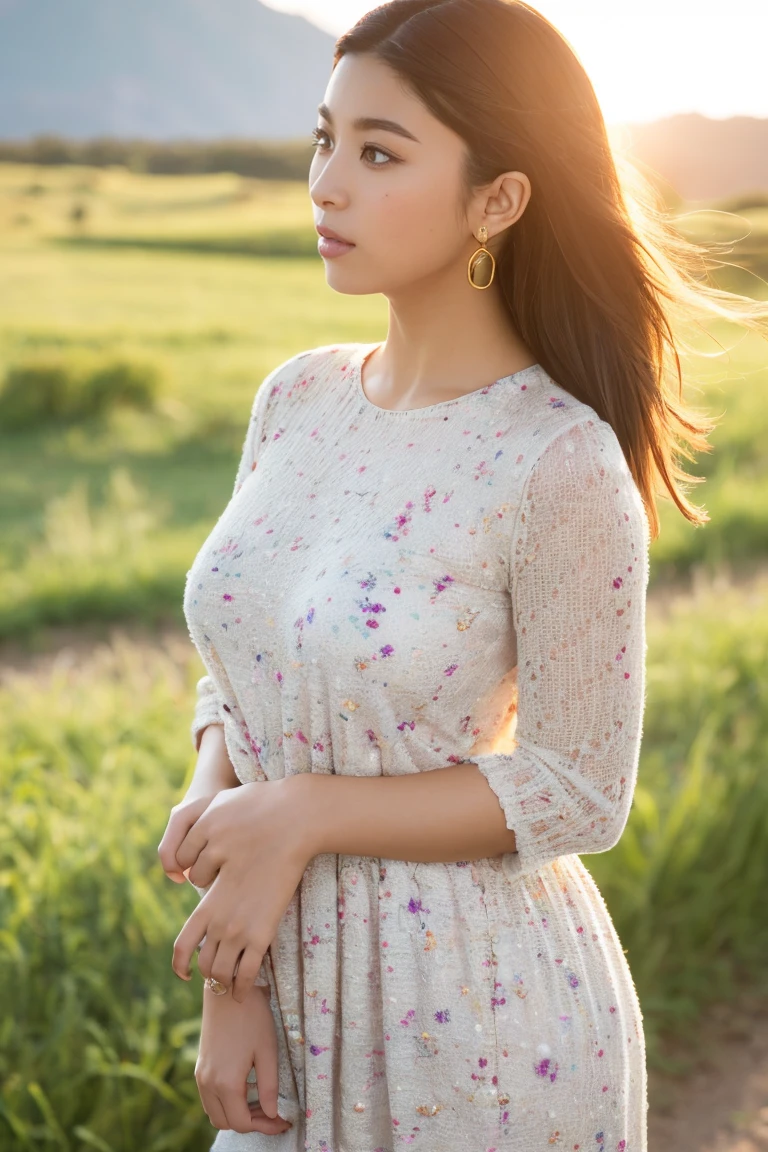 Close-up portrait of a refined woman standing in a rugged cowboy stance, amidst a sun-kissed open range landscape. She wears a knee-length floral dress with long sleeves, adding an air of sophistication. Her silvery hair is styled in a sleek ponytail, framing her striking profile and full lips. A pair of dangling earrings glimmer in the golden light, casting a warm glow on her porcelain skin. The camera captures her confident pose from a slight angle, emphasizing her strong features and contrasting textures.