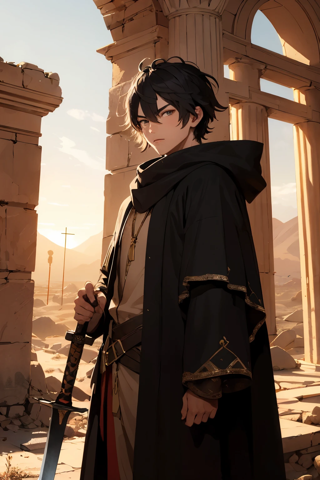 ((Highest quality)), ((masterpiece)), (detailed), 1 man,desert, ruins, ancient ruins, sunset,man, warrior, serious look, stray, short hair, messy hair, black hair,bangs, golden eyes, big eyes, wide-eyed, wheatish skin, tall, slim, hooded cloak, with a sword, delicate facial features, young adult, ager, in the desert, outside, art academia, mystical atmosphere, medieval costume,west asian style, golden hour, sidelighting, cowboy shot