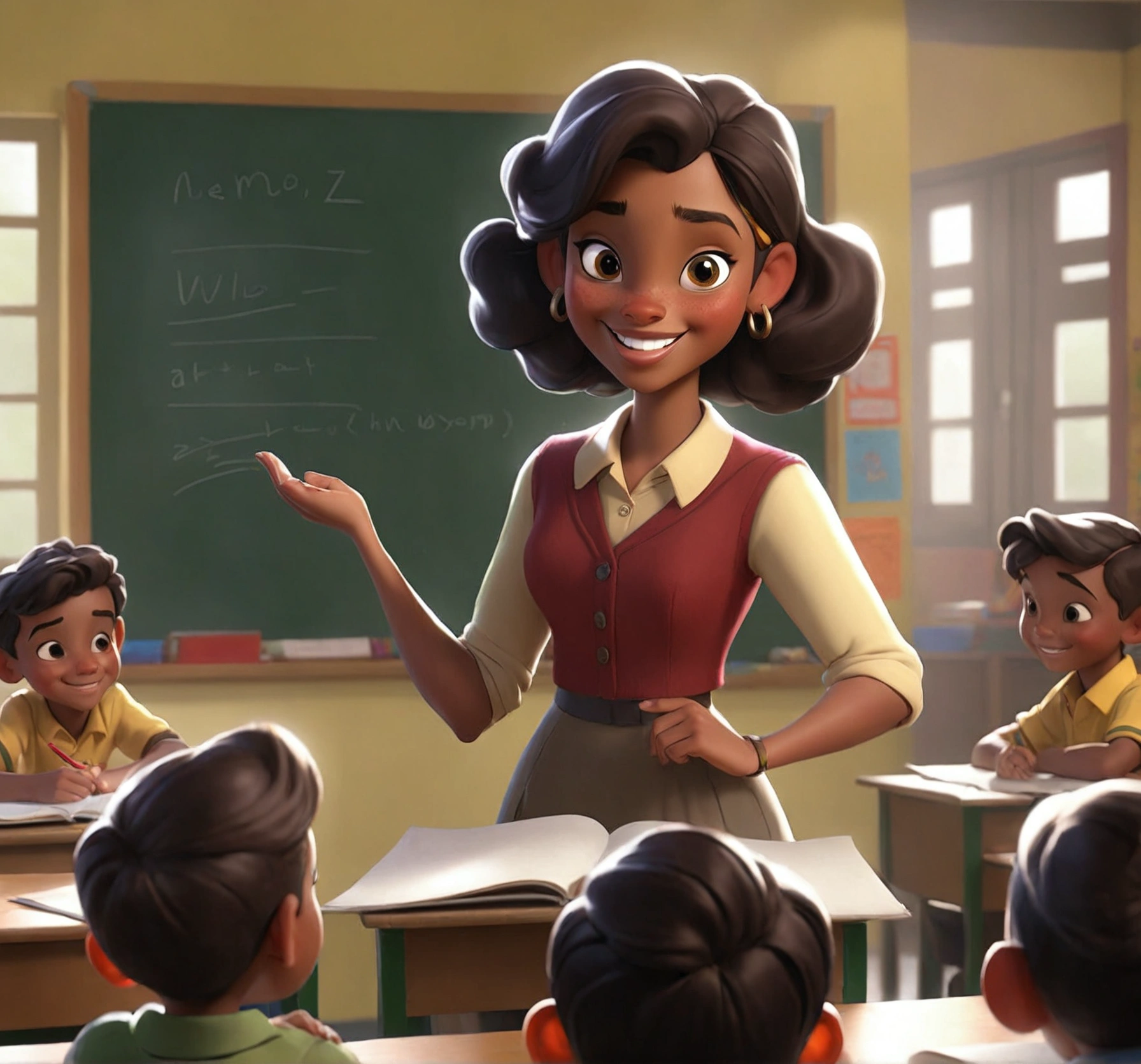"A teacher standing in front of a blackboard, with a warm and welcoming smile. The teacher is holding a book and appears to be explaining something to a group of young people., attentive children sitting at their desks. The classroom is filled with educational posters, books, and a globe on a shelf in the background. The blackboard behind the teacher is filled with notes and drawings.. The general atmosphere is lively, educational, and positive, reflecting an enriching learning environment."