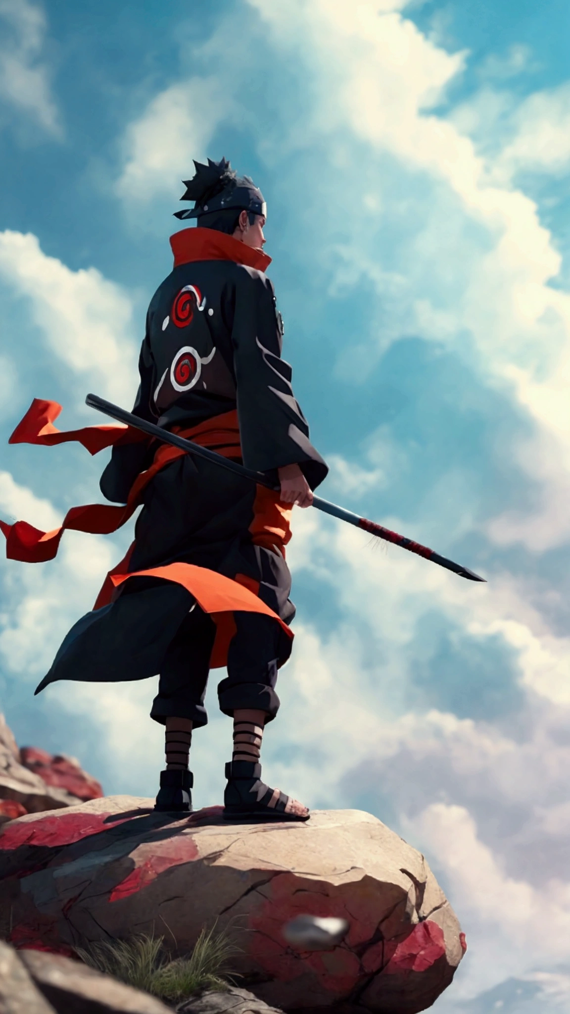 Create a Pain character from Naruto manga. Holding a rod in his hand and standing on a large rock.