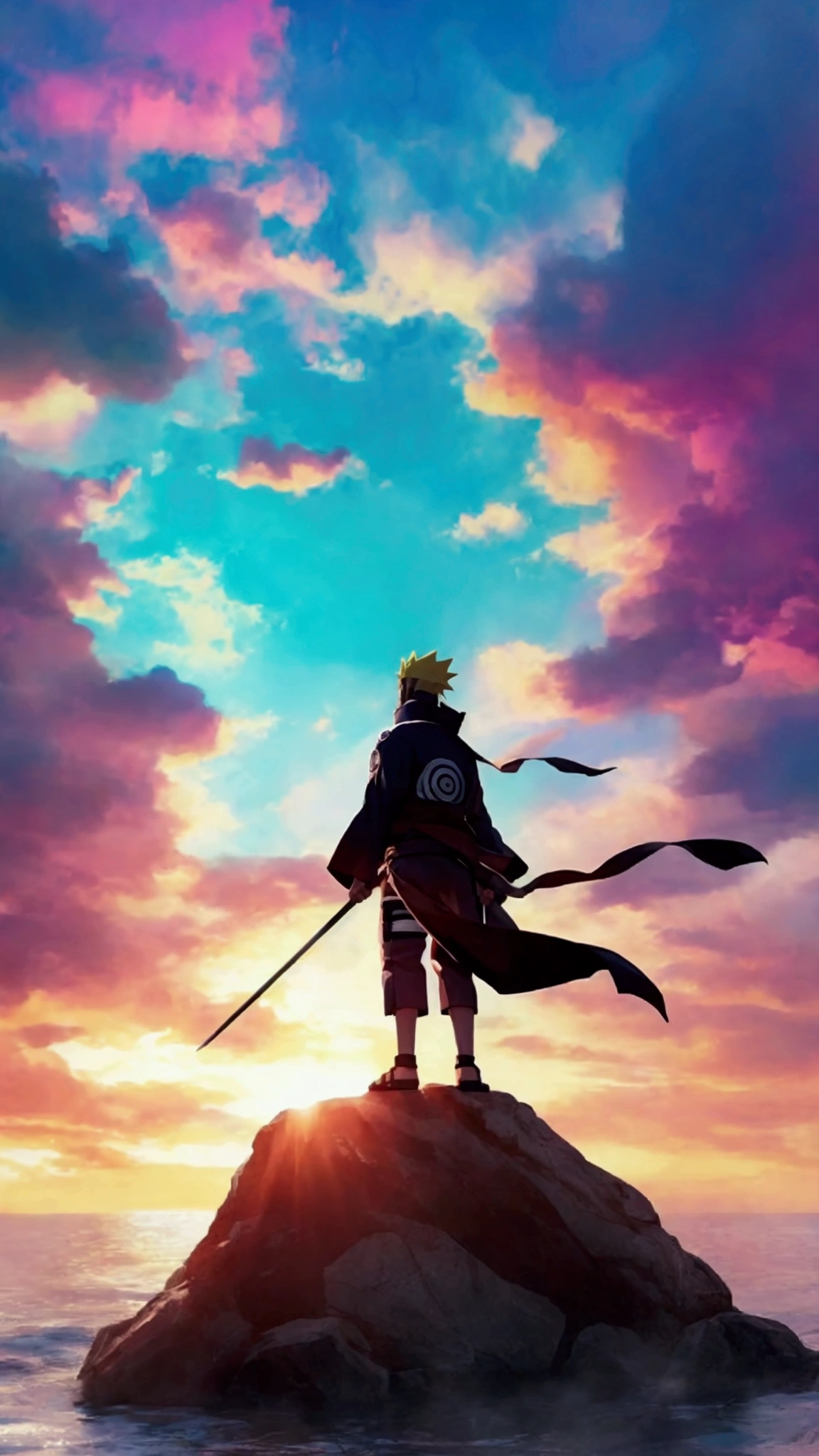 Create a Pain character from Naruto manga. Holding a rod in his hand and standing on a large rock.