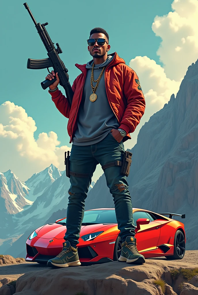 In free fire A hip hop bundle a man standing on peak and his hand mp40 and back side Lamborghini car 

