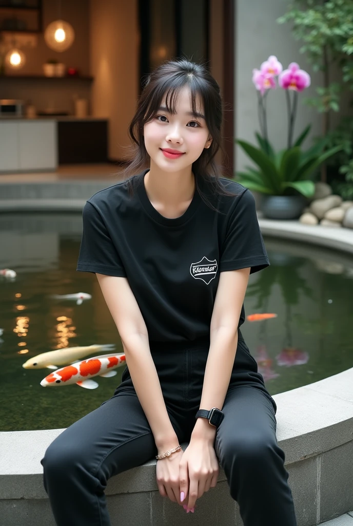 Beautiful Korean Women , smooth white skin, well-groomed face,hair up,bangs, ala korea,black t-shirt, logo((feel)) ,trousers (jumpsuit jeans,)black watch, sitting posing with a slight smile, near the koi pond,in the pond there are many koi fish ,(memeluk kucing anggora berukuran besar,) left-right pool, there are colorful orchid flowers,background shows the kitchen of a luxury home, Realistic original photo,