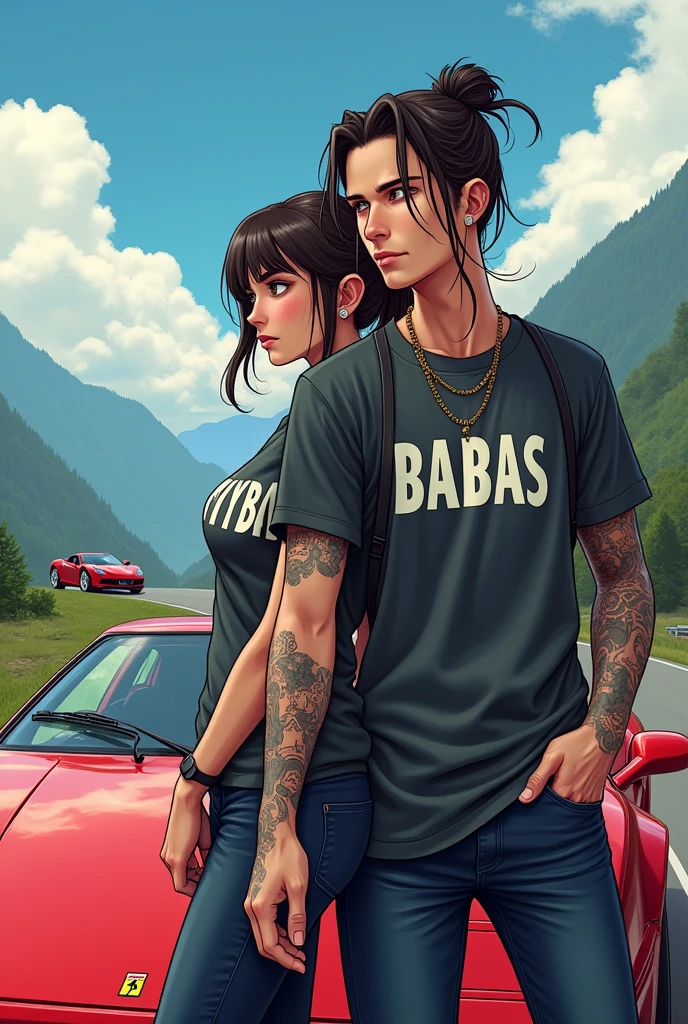 I&#39;ll draw a male character with tattoos and pierced ears.,long hair that is tied up,without a beard,wearing a t-shirt that says babas,and a big-breasted girl wearing a t-shirt with miyabi written on it,and the f40 car behind it is a bit far away,and mountain views