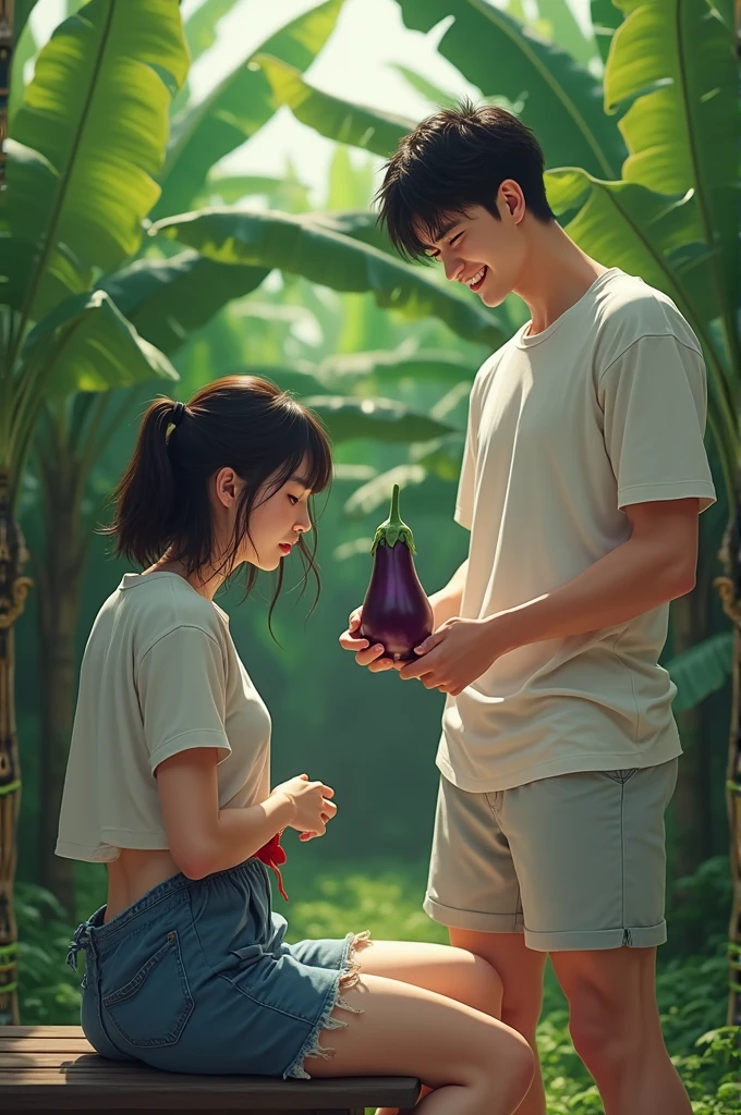A beautiful Korean woman wearing a white tank top, she sits in fear, her two hands unbutton her torn pants, there is a handsome man, wearing a white T-shirt, wearing shorts, the man is holding an eggplant, laughing, the man is standing in front of the man. Banana garden background