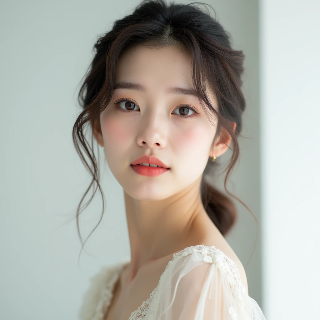 "A young Korean woman in her early to mid-20s is captured against a white background, with the focus on her upper body. Her appearance has a slightly exotic allure, enhanced by elegant makeup that highlights her natural beauty. Her posture and expression exude grace and sophistication, perfectly showcasing her refined elegance."