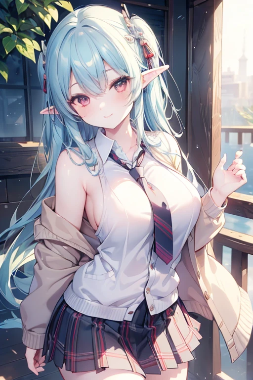 (best quality, masterpiece, ultra-detailed, perfect pixels), (UHD, RTX, 4k wallpaper, japanese anime, CG smooth, textured skin, realistic texture, natural light), 1girl, rio, elf,seductive, busty, perfect body, bangs, long hair,light blue hair (close-up, pov, dynamic pose), ,red eyes,sly smile, beautiful smile, nipslip, medium breasts, blush, (school uniform, jacket, necktie, cardigan, plaid skirt), outdoor, amusement park, leaning forward