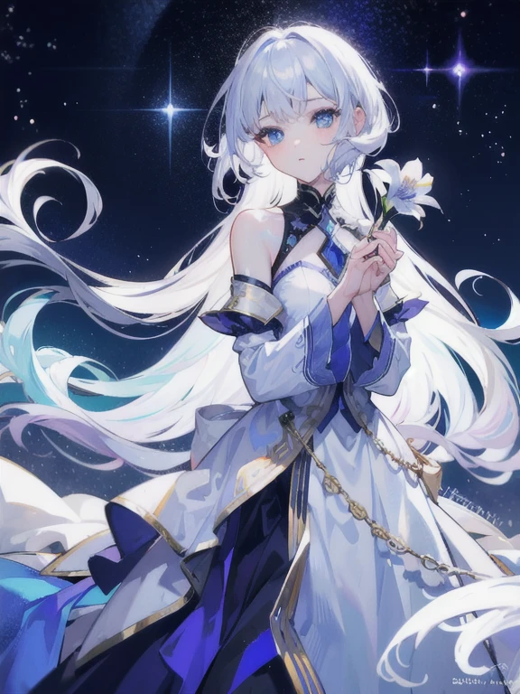 Iris heterochromatic、beautiful、ephemeral、Silver Marble Skin、hope、Highest quality、masterpiece、landscape、Magical atmosphere、Blue theme、Extend your hand to the sky、Sunken eyes、General people、Dark atmosphere、White background