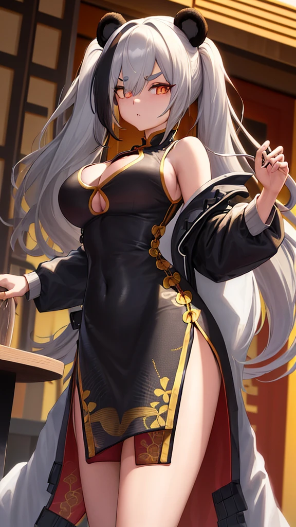 masterpiece, best quality, 1girl, solo, feater \(arknights\), panda ears, eyebrows, orange eyes, grey hair, hair over one eye, long hair, multicolored hair, black streaked hair, twintails, large breasts, black china dress, chinese clothes, bare shoulders, white jacket, black sleeves jacket, open jacket, cleavage cutout, cleavage,standing,((highly detailed cheongsam,highly detailed beautiful eyes,highly detailed beautiful face)),super detailed skin, legs,apartfrom front, from below