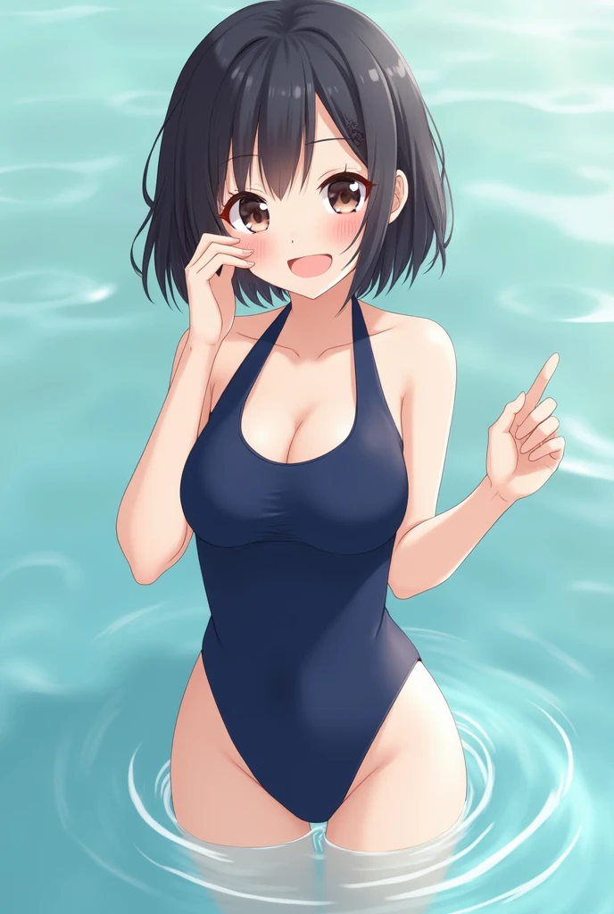 One girl, Shortcuts, bangs, Japanese girl、Girl's navy blue full body swimsuit、Cute face, ???????????, smiling, Middle school students