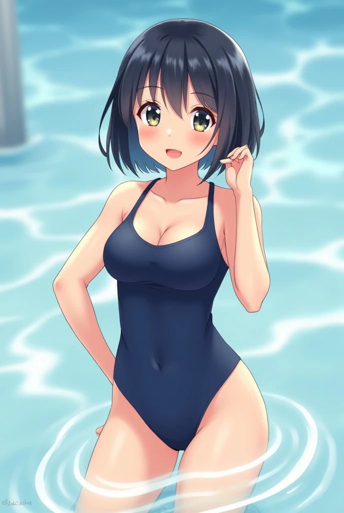 One girl, Shortcuts, bangs, Japanese girl、Girl's navy blue full body swimsuit、Cute face, big breasts, smiling, Middle school students