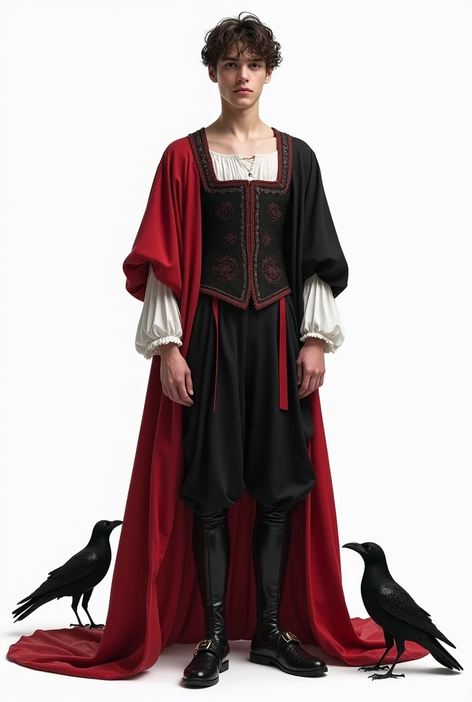 Whole body, Medieval teenage boy black and red costume, ballet shirt square neck white shirt underneath short sleeve,silk fabric, corset,along with pants with a skirt behind, ancient ceremonial, delicate, Royals, delicate,delicate boots, Simple, White background, vista Whole body, crows,