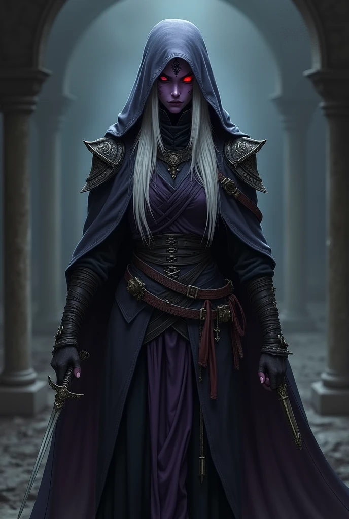 elfa drow,  purple skin, Eyes red, white  hair, assassin outfit with two daggers, scar on eye, hood and mask covering the face