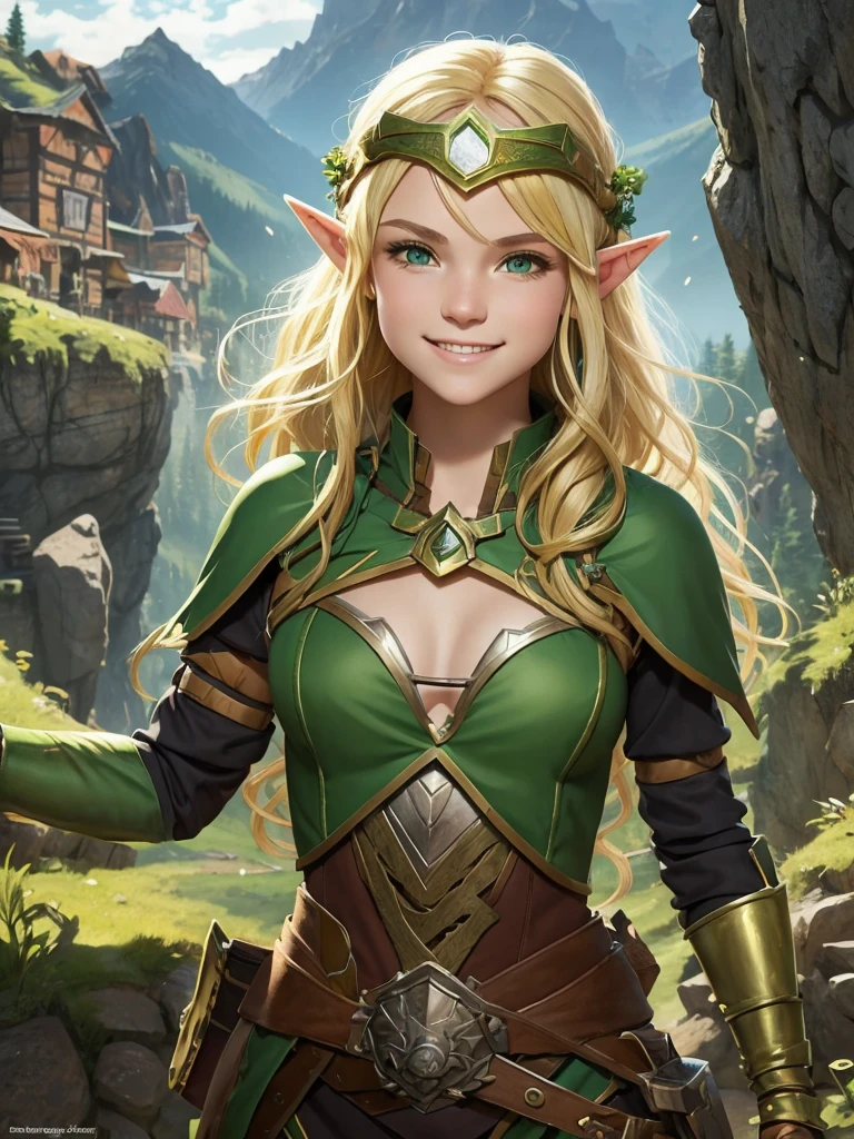  girl. She's an elf. Fantasy village. Rocky mountain village. Work as a miner. Miner. Sexy green fantasy outfit. Fantasy mining outfit. No bra. Flat chest. Blonde hair. At the mining site. Mining equipment. Goggles on the head. Stones. Beautiful teenage face. Cute smile.