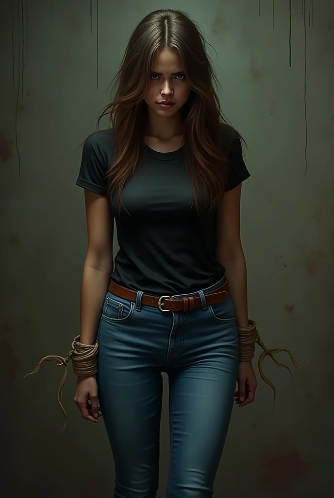 White woman with brown hair wearing tight jeans with belt, black t-shirt, handcuffed with her hands together and confused with her head covered and someone tying her hands