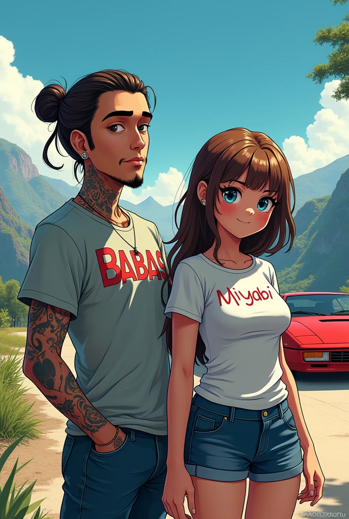 I'll draw a male character with tattoos and pierced ears.,long hair that is tied up,without a beard,wearing a t-shirt that says babas,and a big-breasted girl wearing a t-shirt with miyabi written on it,and the f40 car behind it is a bit far away,and mountain views