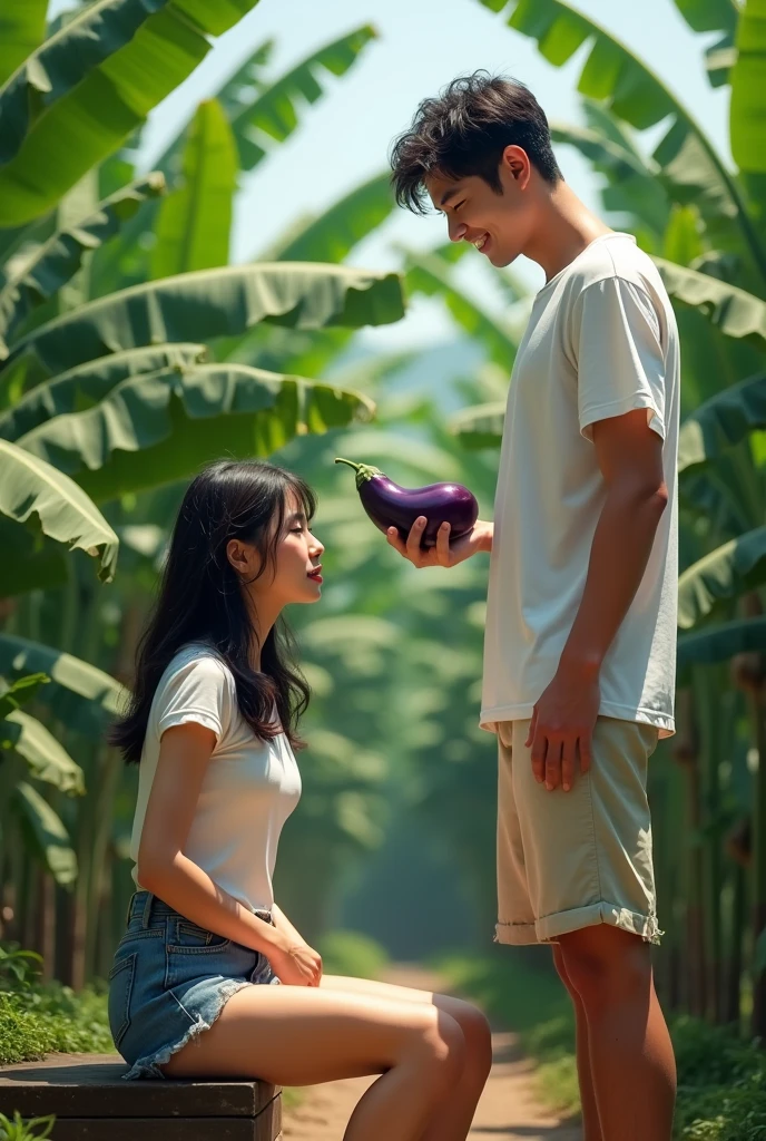 A beautiful Korean woman wearing a white tank top, she sits in fear, her two hands unbutton her torn pants, there is a handsome man, wearing a white T-shirt, wearing shorts, the man is holding an eggplant, laughing, the man is standing in front of the man. Banana garden background