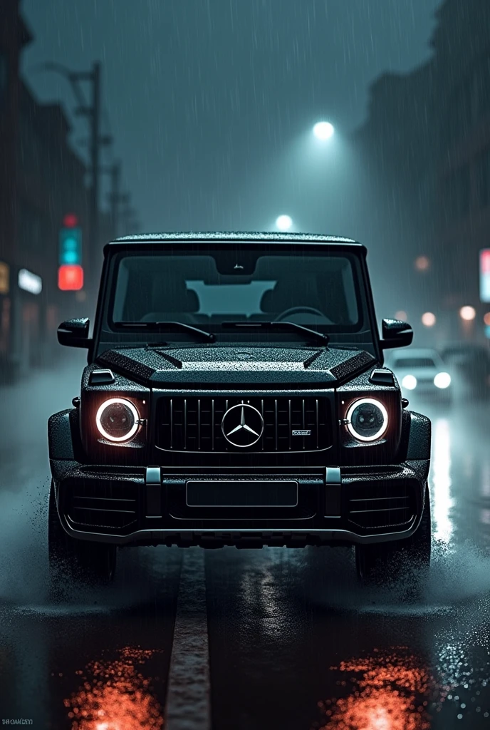 BLACK MERCEDEZ G CLAAS IN RAINY NIGHT WITH MONOCHROMO LIGHTS