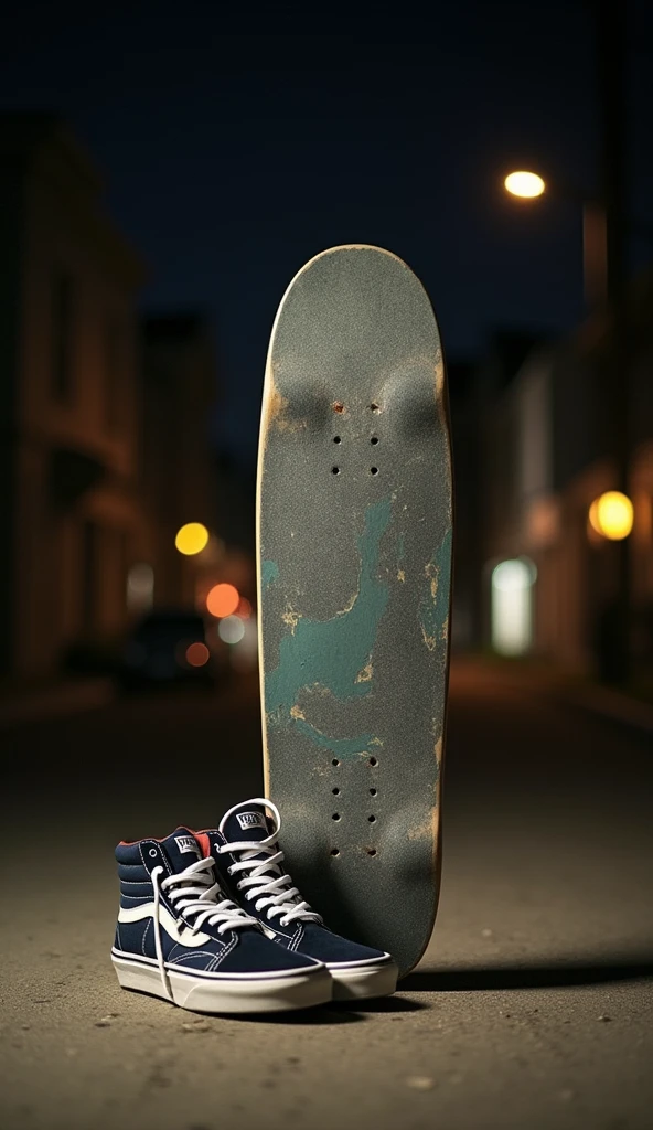 A photo of a skateboard with a night background with some vans sneakers, but it looks like a casual, unprofessional photo