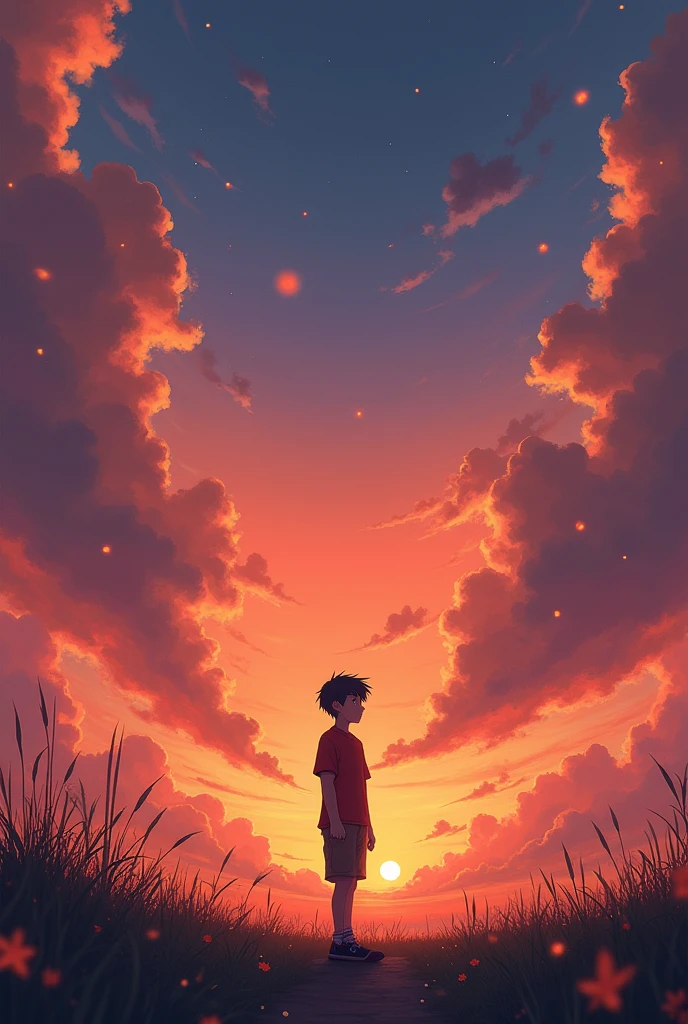 Sunset background, a boy is standing under the sky, lonely, windy, fairy lights accessories