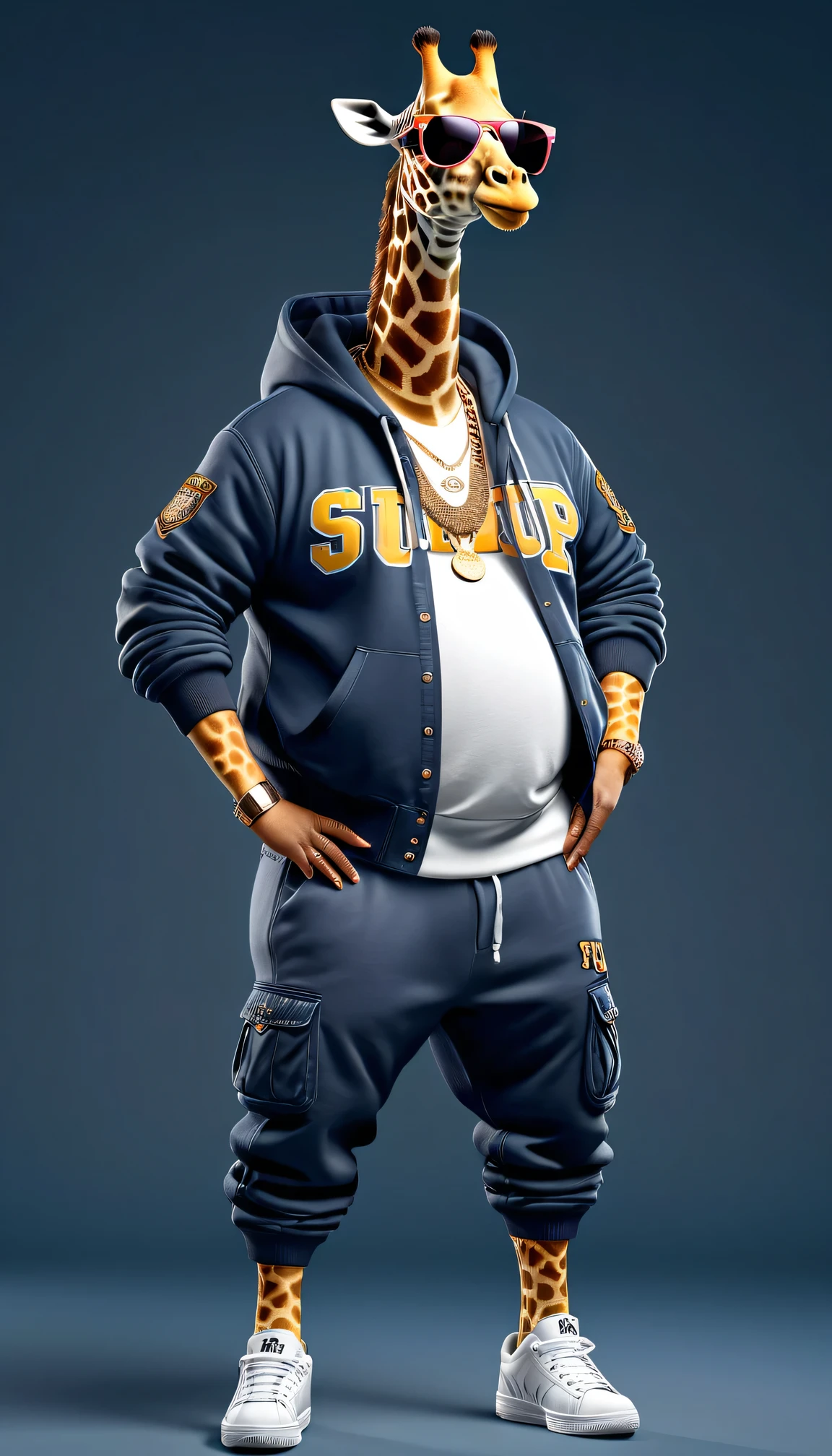 photorealistic portrait of Dressed animals - a ((fat)) (giraffe) hip hop dancer,(hands on hips:1.5), high quality,(lovely) ,intricate details, highly detailed ((hip hop fashion)) ,(wearing sunglasses:2.0), (cap, pants, sneakers),(wearing a jacket and hoodie) ,, wearing sunglasses, (happy), studio lighting,(full body image:1.5),score_9, score_8_up, score_7_up, score_6_up, score_5_up, score_4_up,