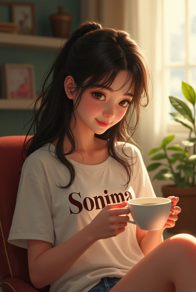 A beautiful young girl sitting on a chair drinking coffee. She wears a t-shirt. Her name is Sonima. Her name is printed on her t-shirt.