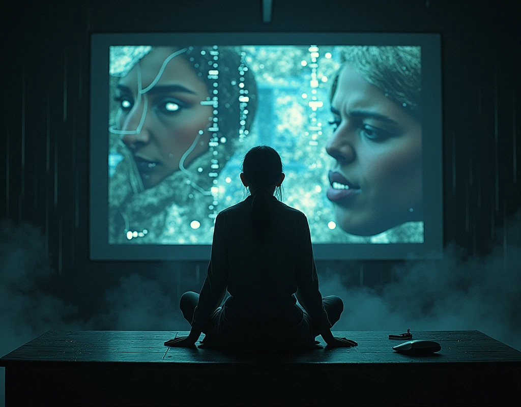 Aranuch connecting to the BioNet system, attempting to access Anavil's stored consciousness. The scene is intense and emotional, with Aranuch sitting in front of a large screen displaying distorted images of Anavil. The environment is dark, with a glowing interface and swirling data streams creating an eerie, unsettling atmosphere."