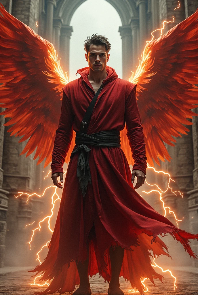 man,Red robe,short hair,wing,electricity,Phoenix,castle,ลูกelectricity,Realistic,straight face,ประกายelectricity,The dress is torn.