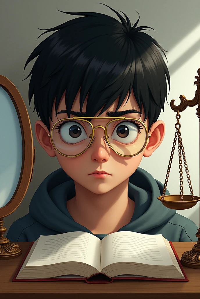 A  young man with black straight hair, good jawline, court weighing scales, thick gold aviator glasses, a mirror and a book, make him look 16 with a square face shape and hooded eyes