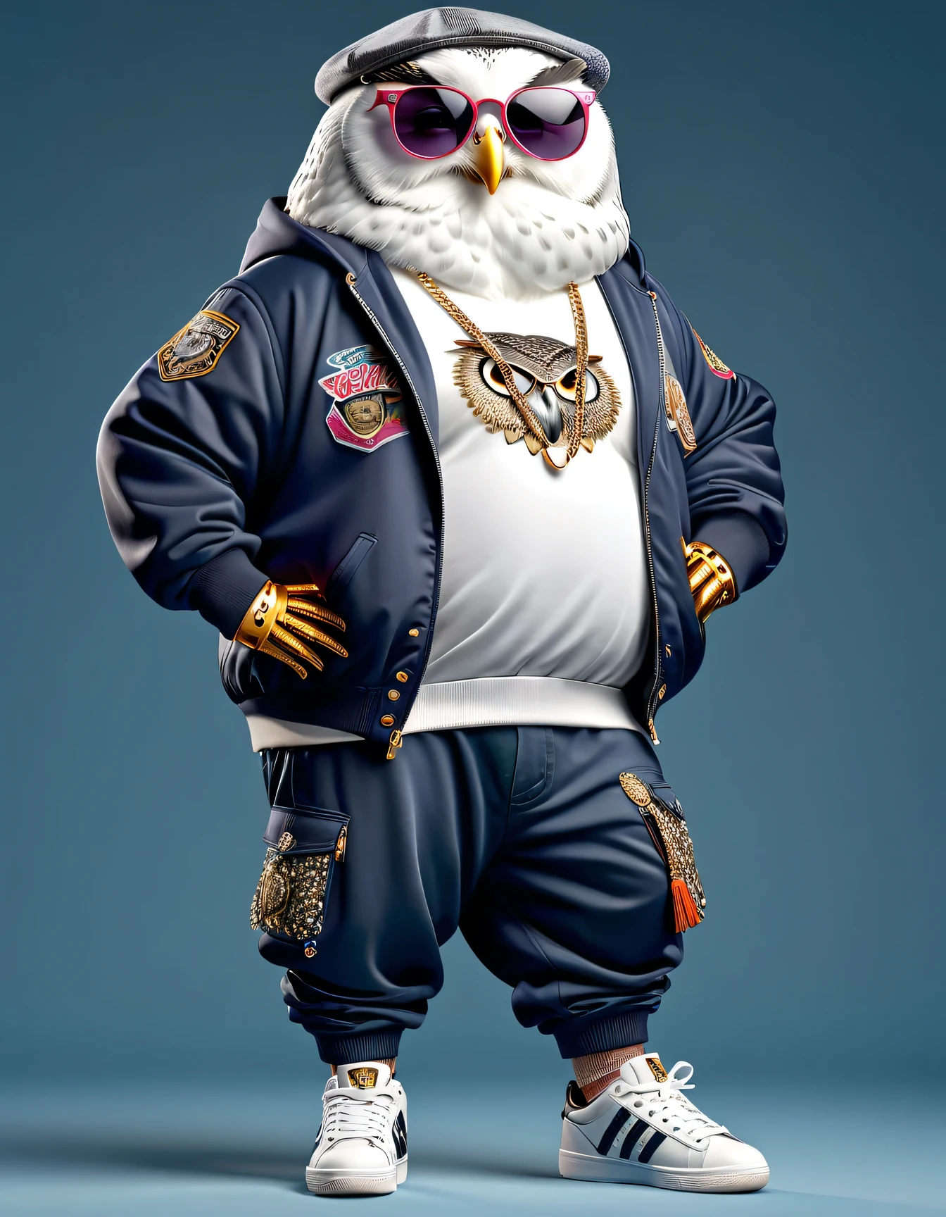 photorealistic portrait of Dressed animals - a ((fat)) (white owl) hip hop dancer,(hands on hips:1.5), high quality,(lovely) ,intricate details, highly detailed ((hip hop fashion)) ,(wearing sunglasses:2.0), (cap, pants, sneakers),(wearing a jacket and hoodie) ,, wearing sunglasses, (happy), studio lighting,(full body image:1.5),score_9, score_8_up, score_7_up, score_6_up, score_5_up, score_4_up,