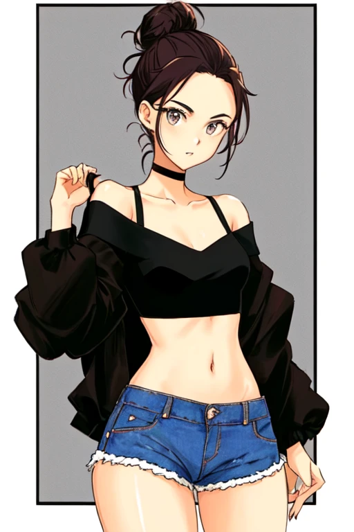 Hot girl with her hair tied up in a messy bun, two strands of hair down the front, curvy, slim, medium breasts, bold, off shoulder crop top, small shorts, anime style