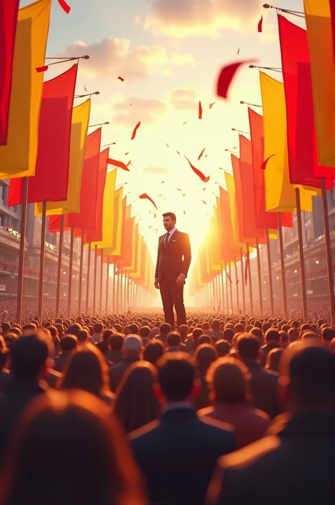 10000 People celebrate for one person City place And background Flag color red and yellow and red standing And 3d illustration