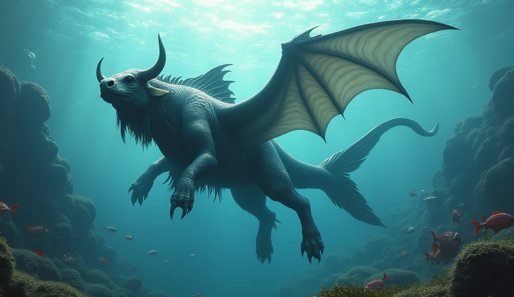 There is a fish underwater,It has a bull's head and a snake's tail.,Wings on the back(best quality,4K,8k,High level,masterpiece:1.2),Ultra Detailed,(lifelike,Photo real,Photo real:1.37)
