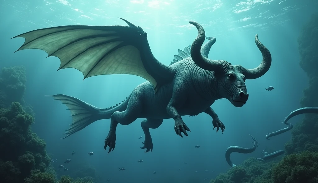 There is a fish underwater，It has a bull&#39;s head and a snake&#39;s tail.，Wings on the back（best quality，4K，8k，High level，masterpiece：1.2），Ultra Detailed，（lifelike，Photo real，Photo real：1.37）