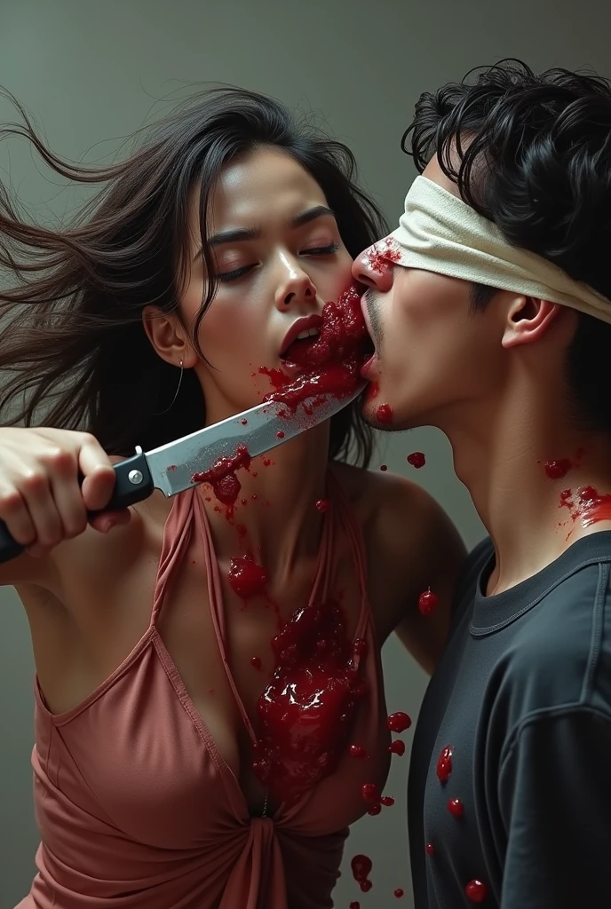 Realistic, A beautiful hero girl knife, cut throat A boy blindfold neck bloody splash, full body, wide open throat, throat contents