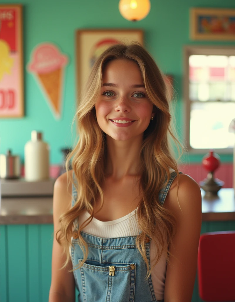 Portrait MagMix Girl look at camera, long hair, Overalls, Retro ice cream parlor with pastel-colored walls, a classic soda fountain counter, and vintage ice cream posters, bathed in warm sunlight, analog film photo, Kodachrome.