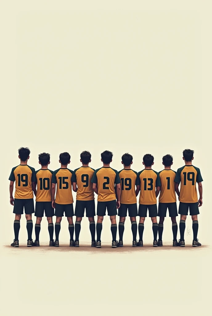 Create a photo of a soccer team with 16 players on it from shirt number 1-16 with names Amish, Aayush, boom, Jiban, Dipak dipesh, Jyoti ,abishek ,Nikesh, Prashant ,Prabhu ,sashanka ,keshab ,matrika ,Milan ,suyog . They must be facing backwards and above names should be visible respectively 