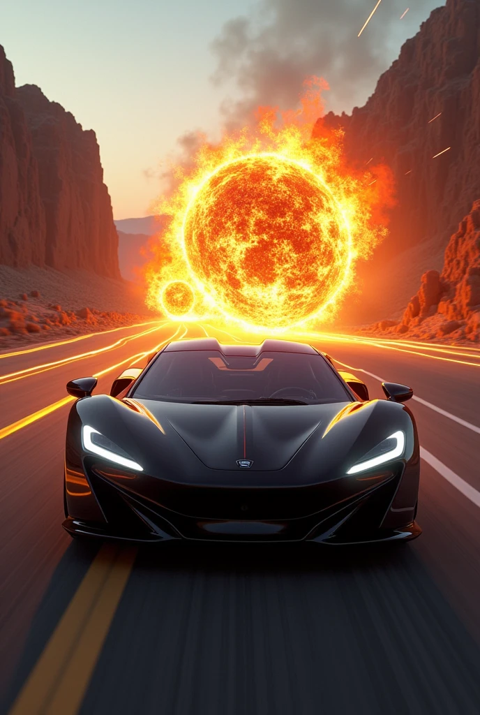 A black car being chased by a fire ball on a highway